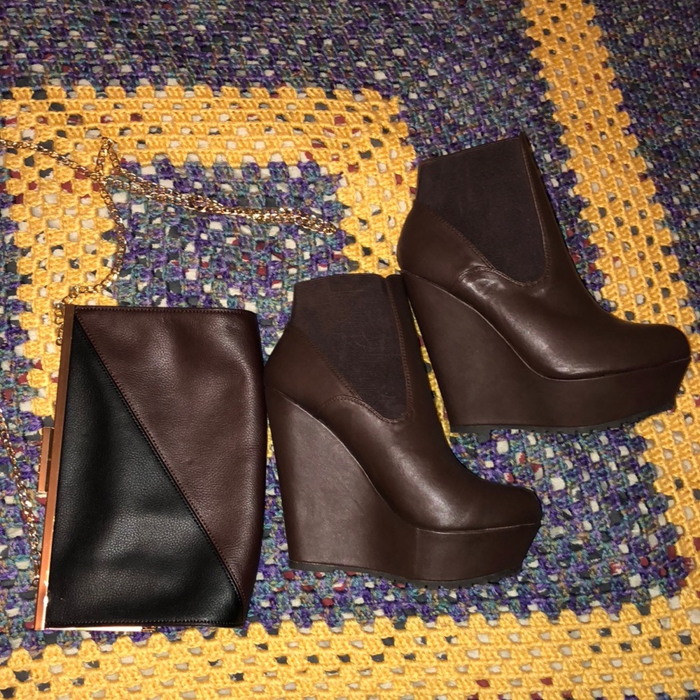 Wedge heel boot and gold chain clutch bag.